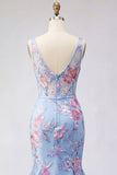 Mermaid Blue Floral V Neck Corset Long Prom Dress