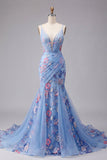 Blue Mermaid Floral Spaghetti Straps V Neck Long Prom Dress