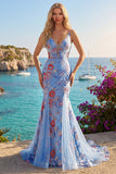 Blue Mermaid Floral Spaghetti Straps V Neck Long Prom Dress