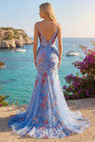 Blue Mermaid Floral Spaghetti Straps V Neck Long Prom Dress