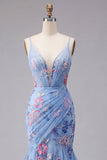 Blue Mermaid Floral Spaghetti Straps V Neck Long Prom Dress