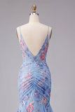 Blue Mermaid Floral Spaghetti Straps V Neck Long Prom Dress