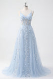 Blue A Line Sequin Corset Appliqued Long Prom Dress