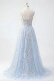 Blue A Line Sequin Corset Appliqued Long Prom Dress
