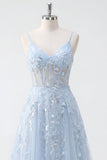 Blue A Line Sequin Corset Appliqued Long Prom Dress