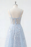 Blue A Line Sequin Corset Appliqued Long Prom Dress