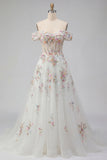 Sparkly White Beaded Off the Shoulder Floral Corset A Line Long Wedding Dress