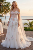 Sparkly White Beaded Off the Shoulder Floral Corset A Line Long Wedding Dress