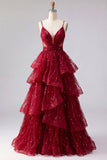 Sparkly Burgundy Spaghetti Straps A Line Long Sequin Prom Dress with Ruffles