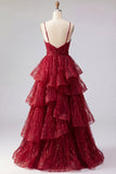Sparkly Burgundy Spaghetti Straps A Line Long Sequin Prom Dress with Ruffles
