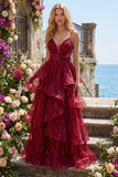 Sparkly Burgundy Spaghetti Straps A Line Long Sequin Prom Dress with Ruffles