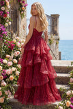 Sparkly Burgundy Spaghetti Straps A Line Long Sequin Prom Dress with Ruffles