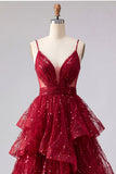 Sparkly Burgundy Spaghetti Straps A Line Long Sequin Prom Dress with Ruffles