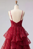 Sparkly Burgundy Spaghetti Straps A Line Long Sequin Prom Dress with Ruffles