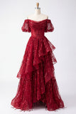 Sparkly Burgundy Puff Sleeves A Line Sequin Long Corset Prom Dress with Ruffles