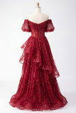 Sparkly Burgundy Puff Sleeves A Line Sequin Long Corset Prom Dress with Ruffles