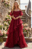 Sparkly Burgundy Puff Sleeves A Line Sequin Long Corset Prom Dress with Ruffles