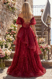 Sparkly Burgundy Puff Sleeves A Line Sequin Long Corset Prom Dress with Ruffles