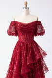 Sparkly Burgundy Puff Sleeves A Line Sequin Long Corset Prom Dress with Ruffles