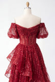 Sparkly Burgundy Puff Sleeves A Line Sequin Long Corset Prom Dress with Ruffles