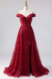 Sparkly Burgundy Off the Shoulder A Line Sequin Long Prom Dress with Cape