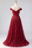 Sparkly Burgundy Off the Shoulder A Line Sequin Long Prom Dress with Cape