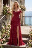 Sparkly Burgundy Off the Shoulder A Line Sequin Long Prom Dress with Cape