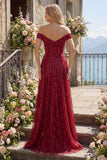 Sparkly Burgundy Off the Shoulder A Line Sequin Long Prom Dress with Cape