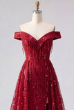 Sparkly Burgundy Off the Shoulder A Line Sequin Long Prom Dress with Cape