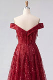 Sparkly Burgundy Off the Shoulder A Line Sequin Long Prom Dress with Cape