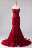Sparkly Burgundy Mermaid Long Sequin Prom Dress with Slit