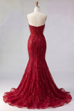 Sparkly Burgundy Mermaid Long Sequin Prom Dress with Slit