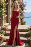 Sparkly Burgundy Mermaid Long Sequin Prom Dress with Slit