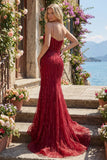 Sparkly Burgundy Mermaid Long Sequin Prom Dress with Slit