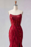 Sparkly Burgundy Mermaid Long Sequin Prom Dress with Slit