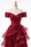 Sparkly Burgundy Off the Shoulder Sequin Ruched Long Prom Dress with Ruffles