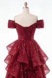 Sparkly Burgundy Off the Shoulder Sequin Ruched Long Prom Dress with Ruffles