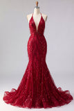 Sparkly Burgundy Halter Backless Mermaid Long Beaded Prom Dress with Fringes