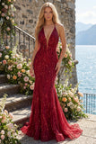 Sparkly Burgundy Halter Backless Mermaid Long Beaded Prom Dress with Fringes
