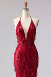 Sparkly Burgundy Halter Backless Mermaid Long Beaded Prom Dress with Fringes