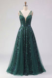 Sparkly Dark Green V-Neck Tulle A Line Long Sequin Prom Dress