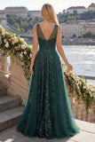 Sparkly Dark Green V-Neck Tulle A Line Long Sequin Prom Dress