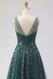 Sparkly Dark Green V-Neck Tulle A Line Long Sequin Prom Dress