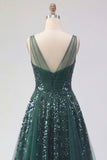 Sparkly Dark Green V-Neck Tulle A Line Long Sequin Prom Dress