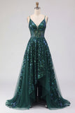 Sparkly Dark Green Corset Tulle High Low Sequin Prom Dress