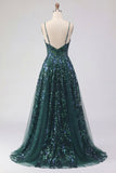 Sparkly Dark Green Corset Tulle High Low Sequin Prom Dress