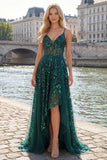 Sparkly Dark Green Corset Tulle High Low Sequin Prom Dress