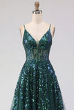 Sparkly Dark Green Corset Tulle High Low Sequin Prom Dress