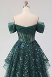 Sparkly Dark Green Sequin A-Line Off the Shoulder Corset Ruched Long Prom Dress