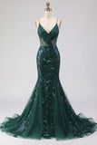 Sparkly Dark Green Mermaid Spaghetti Strap Sequin Tulle Long Prom Dress with Appliques